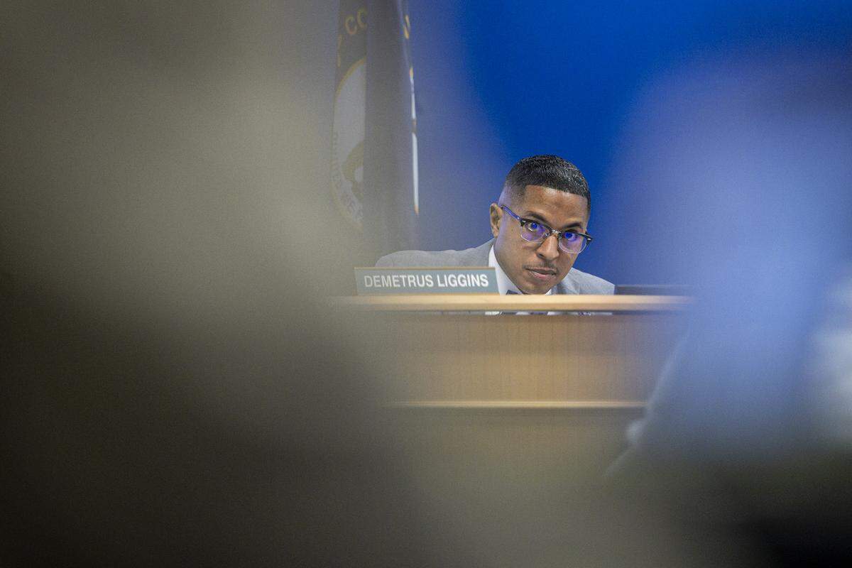 Demetrus Liggins speaks during a school board meeting Monday, Aug. 18, 2025, at Fayette County Public Schools Central Office in Lexington, Ky.