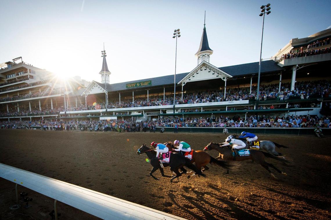 Medina Spirit (8) with John R. Velazquez up, leads heading into the final stretch of the 147th running of the Kentucky Derby at Churchill Downs in Louisville, Ky., Saturday, May 1, 2021. Medina Spirit and Velazquez went on to win the race.