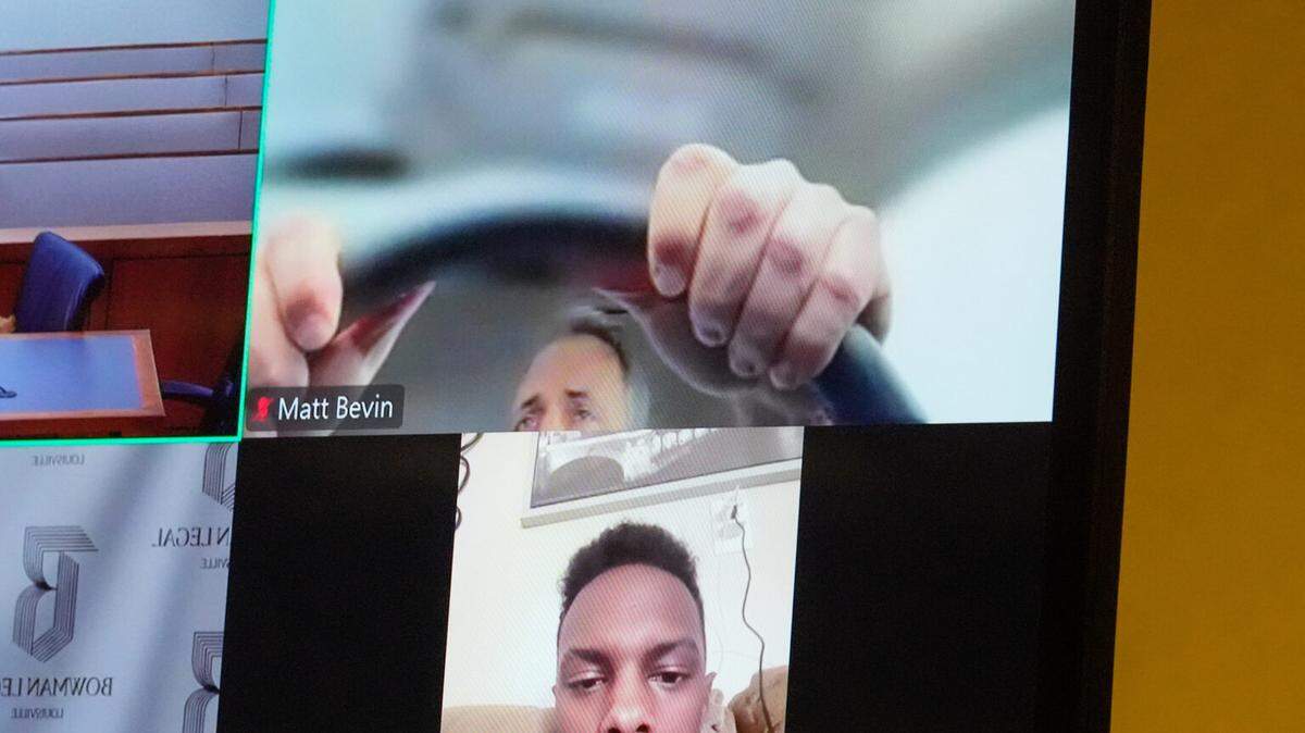 Former Gov. Matt Bevin, above, and his adopted Son, Jonah, both attended Friday’s family court hearing remotely. Matt Bevin was driving and appeared from his vehicle.