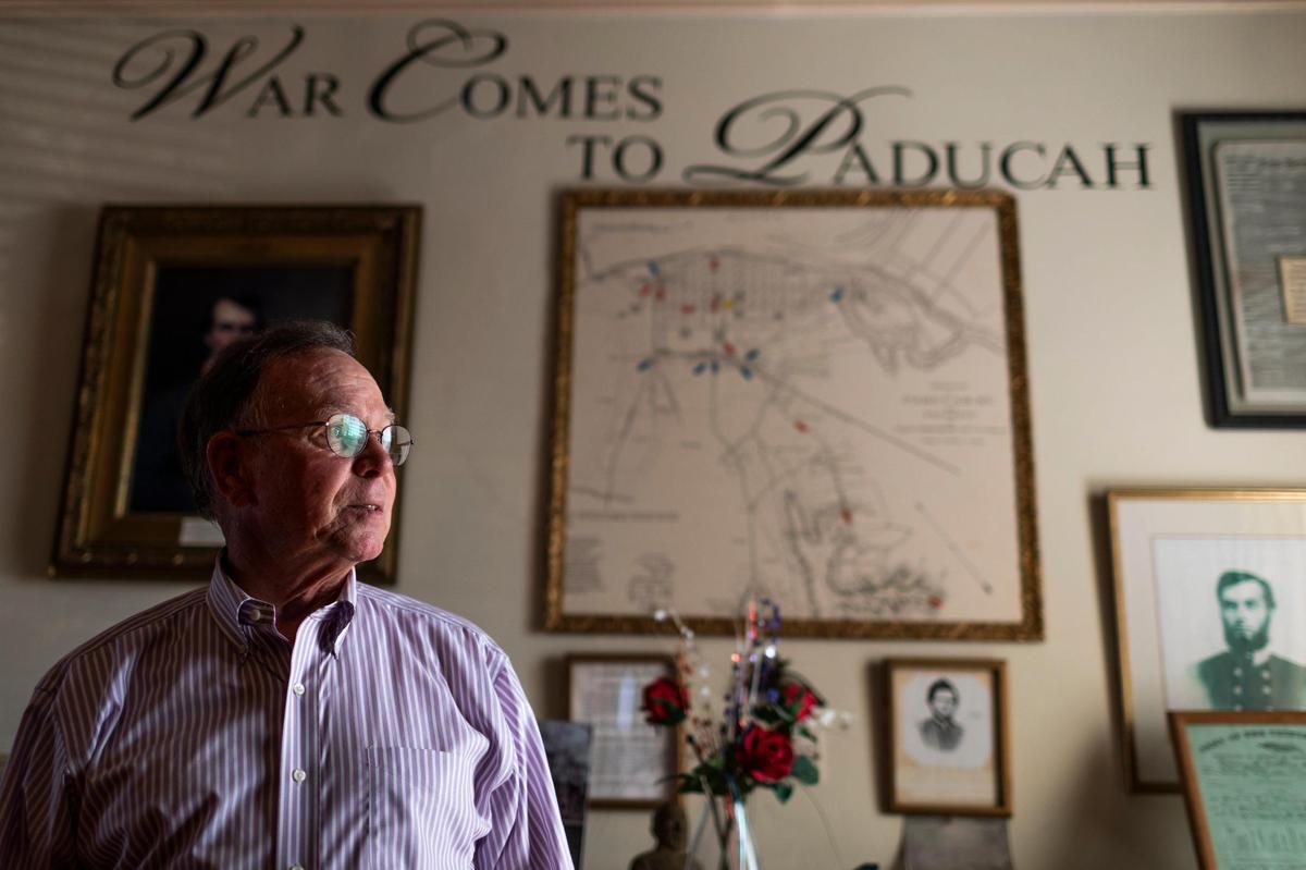 Bill Baxter, volunteer museum director, poses for a portrait inside the Lloyd Tilghman House, a Civil War museum owned by the Sons of Confederate Veterans in Paducah, Ky., Friday, July 9, 2021. Baxter is not a s not a son of a Confederate veteran. He is a veteran who served as a colonel in the United States Air Force and was the Nuclear Weapons adviser under former Defense Secretary William Cohen.