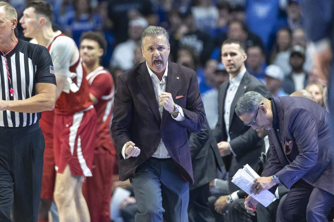 Arkansas head coach John Calipari reacts during Saturday’s game against Kentucky at Rupp Arena.
