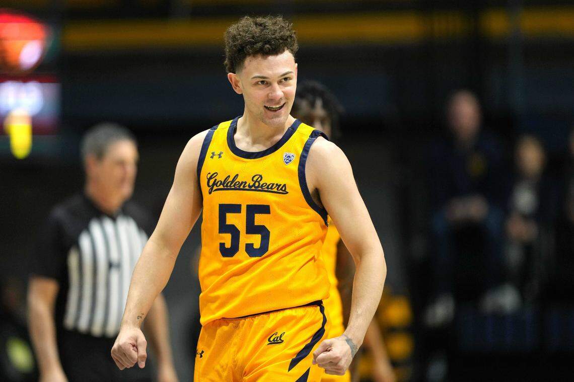 Jan 22, 2023; Berkeley, California, USA; California Golden Bears guard Devin Askew (55) reacts after scoring against the Oregon State Beavers during the first half at Haas Pavilion. Mandatory Credit: Darren Yamashita-USA TODAY Sports