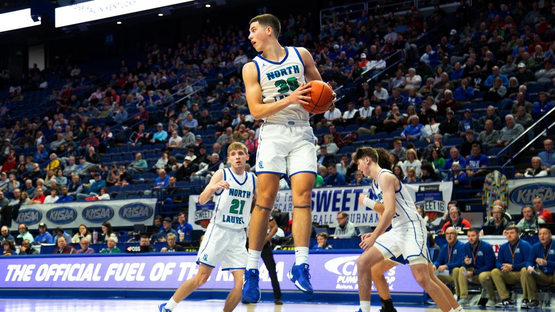 North Laurel’s Reece Davidson (30) grabs a rebound during the Jaguars’ 54-53 win over Breathitt County in the first round of the 2025 UK Healthcare Boys’ Basketball Sweet 16 at Rupp Arena on March 27. Davidson topped the Herald-Leader’s list of Top 25 players heading into the 2025-26 season.