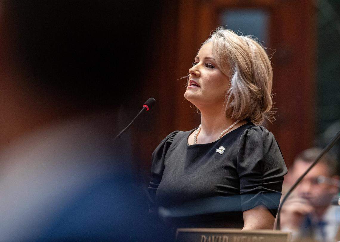 Kentucky State Representative Savannah Maddox spoke on the House floor on the first day of the 2024 Kentucky General Assembly in Frankfort, Ky. Jan. 2, 2024