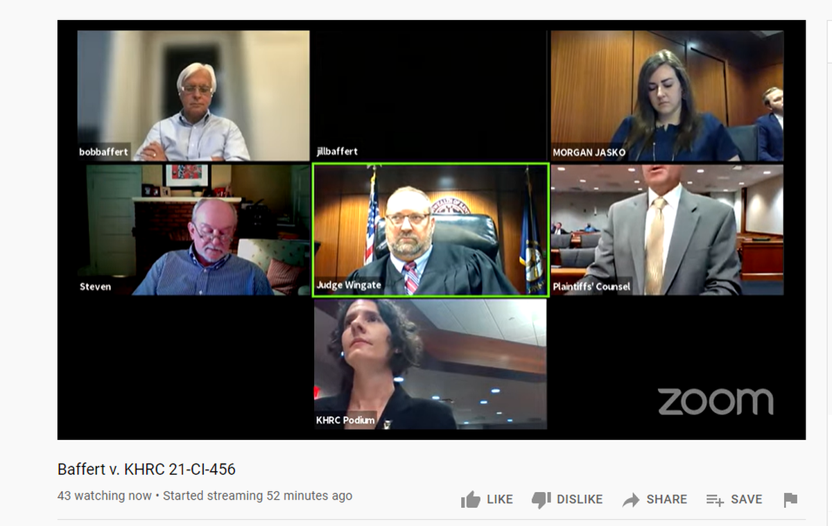 Hall of Fame trainer Bob Baffert, upper left, joined the hearing in Franklin Circuit Court on Friday morning via Zoom to hear his attorney, Craig Robertson, argue with the Kentucky Horse Racing Commission about how much of Medina Spirit’s urine they should be allowed to have for further testing.