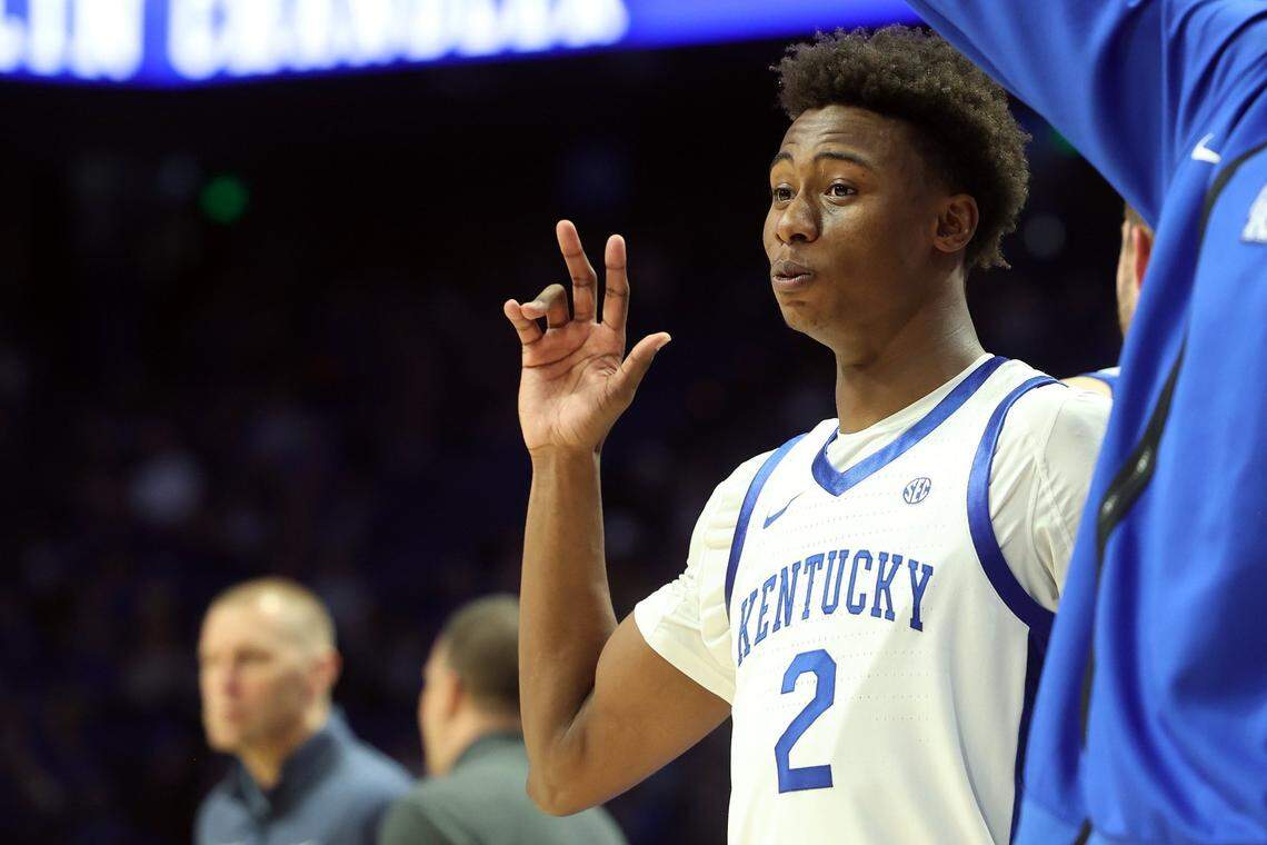 Kentucky’s Jaxson Robinson celebrates a teammate making a 3-point shot during the second half against Minnesota State at Rupp Arena on Tuesday.