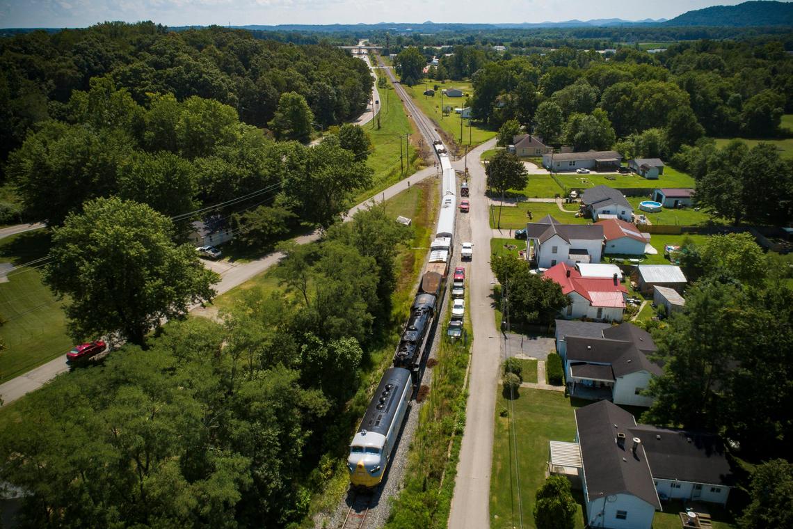 The C&O 2716 steam locomotive and Clinchfield 800 steam locomotive move through Lebanon Junction Friday during the Kentucky Railway Museum Heritage Highball Excursion.