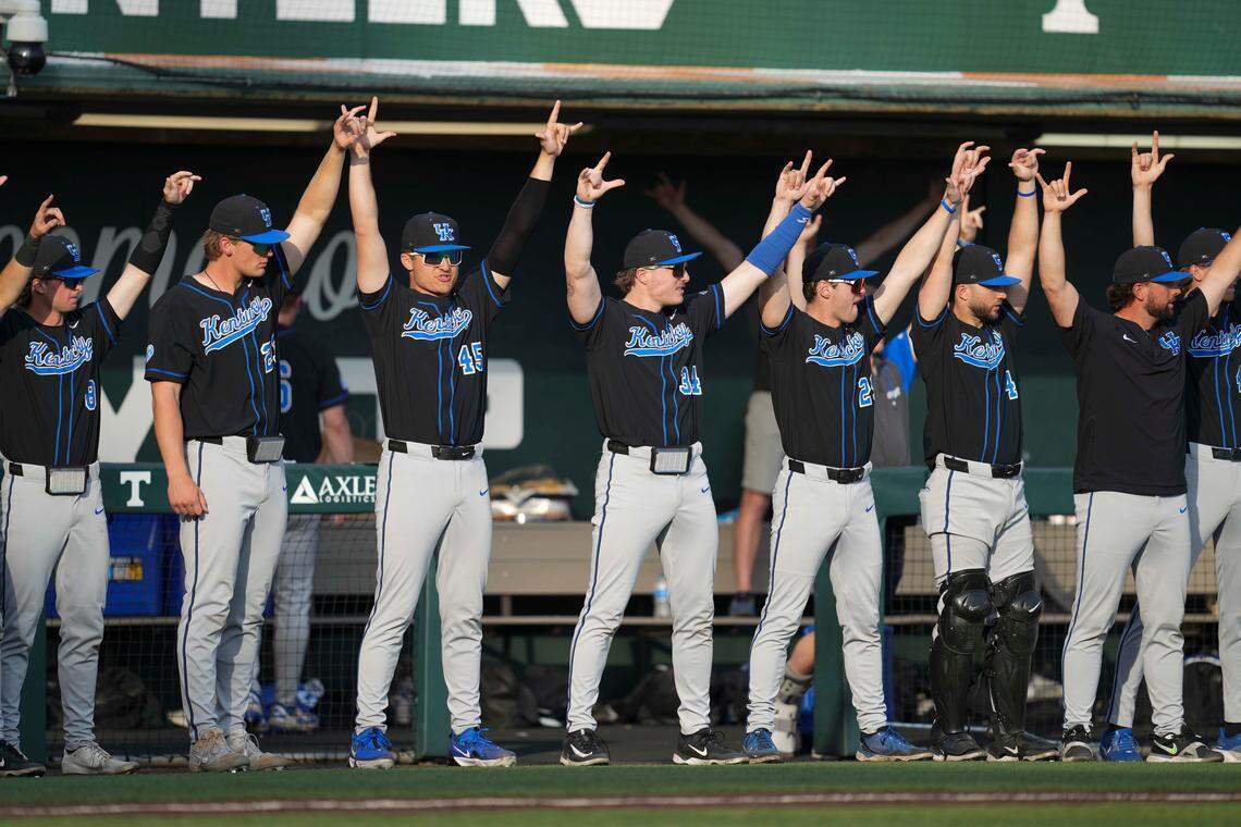 The Kentucky baseball team celebrates a home run during a NCAA baseball game between Tennessee and Kentucky at Lindsey Nelson Stadium in Knoxville, Tenn., on April 18, 2025.