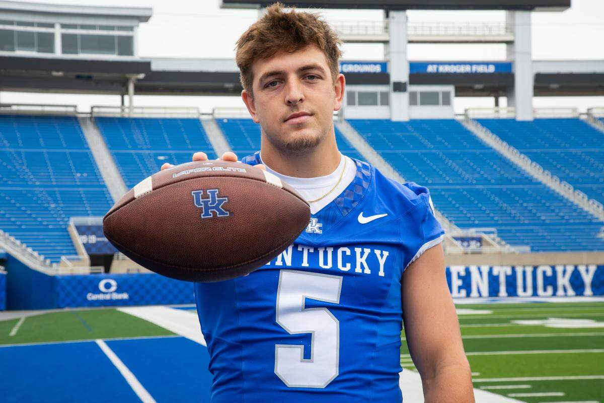 Zach Calzada (5) is slated to make his first start as Kentucky quarterback when the Wildcats open the 2025 season Saturday vs. Toledo at Kroger Field. 