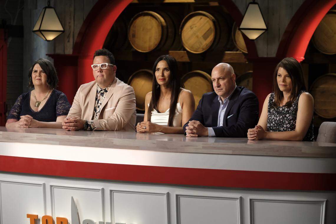 The “Top Chef” judges have their harse faces on for the judging of the “Kentucky Farewell” episode, from left chef Ouita Michel, judge Graham Elliot, host Padma Lakshmi, head judge Tom Colicchio and judge Gail Simmons.