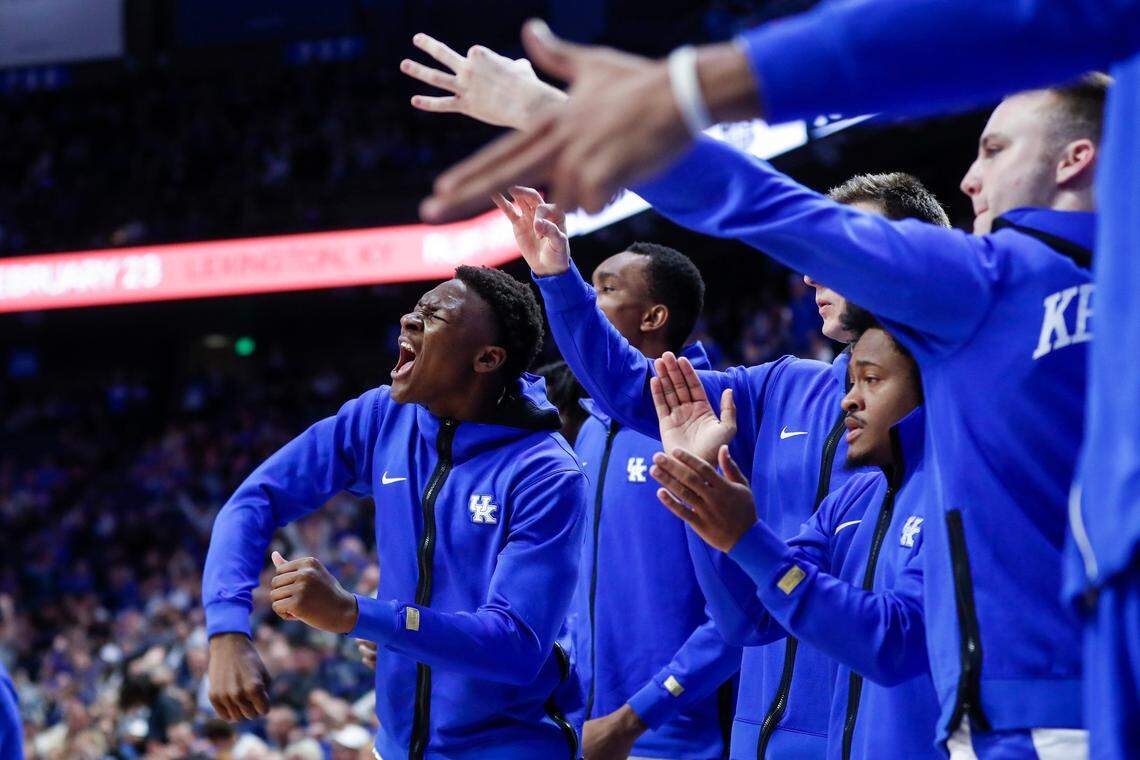 Kentucky guard Adou Thiero cheers on his teammates from the bench during UK’s loss to South Carolina.
