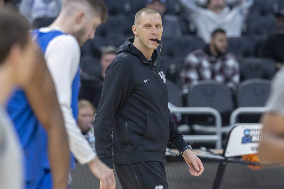 Kentucky head coach Mark Pope watches his team during an open practice at Fiserv Forum in Milwaukee on Thursday before Kentucky’s first-round NCAA Tournament game against Troy.