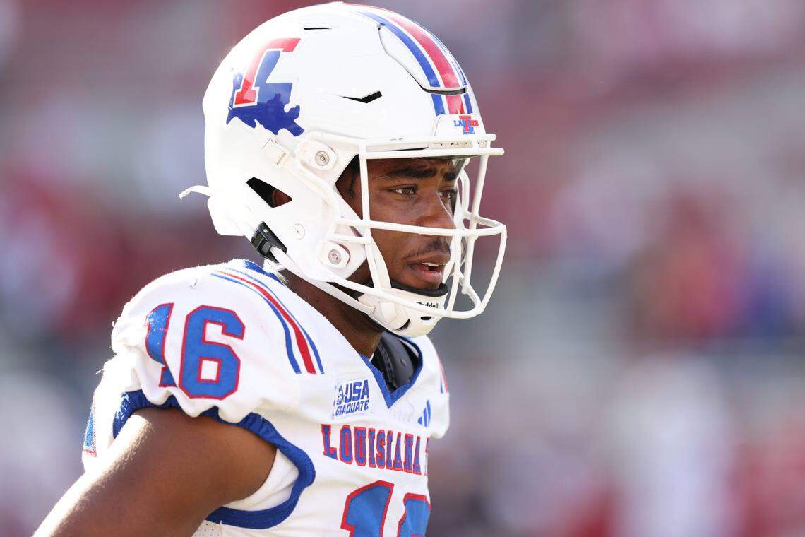 Nov 23, 2024; Fayetteville, Arkansas, USA; Louisiana Tech Bulldogs wide receiver Tru Edwards (16) prior to a game against the Arkansas Razorbacks at Donald W. Reynolds Razorback Stadium. Mandatory Credit: Nelson Chenault-Imagn Images