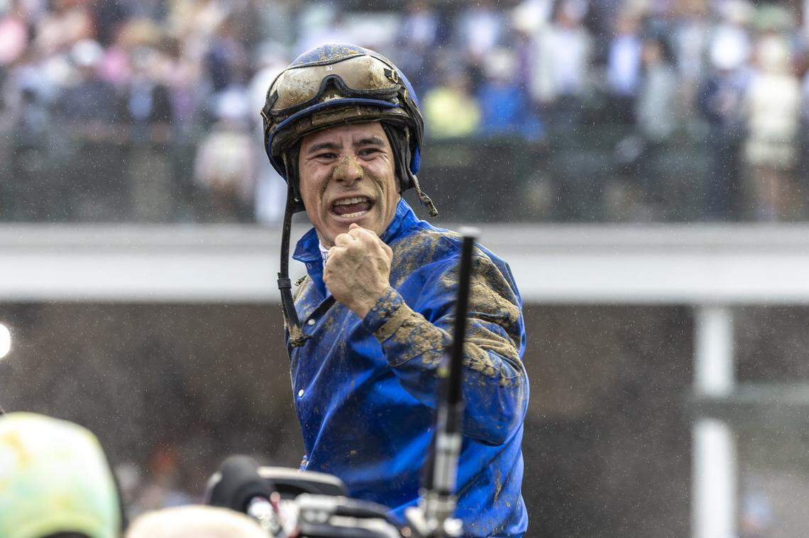 Junior Alvarado reacts after winning the 151st running of the Kentucky Derby aboard aboard Sovereignty at Churchill Downs in Louisville on Saturday. It was Alvarado’s first Derby win.