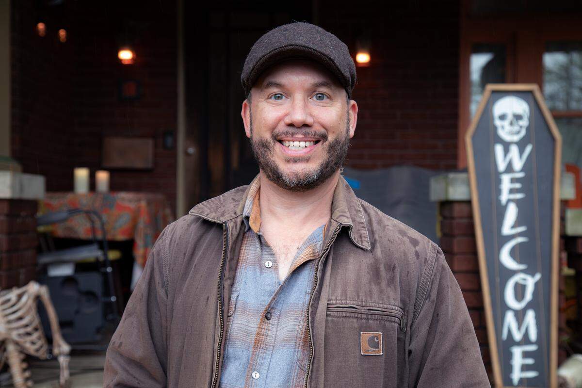 Michael Cronk, who builds, owns, and operates the annual Halloween fright night haunted house in his front yard on Oct. 27, 2025, in Lexington, Ky.