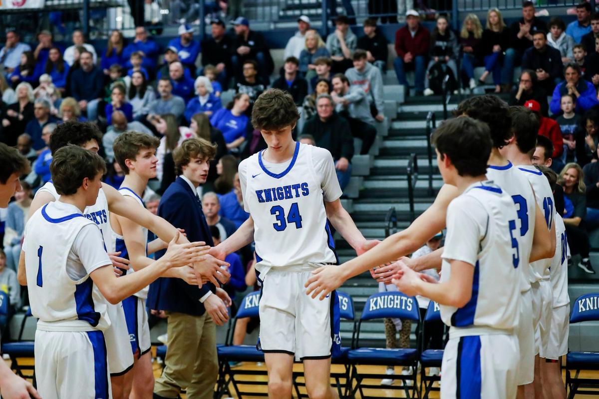 Lexington Catholic’s Reece Potter (34) was introduced before the Knights faced Lexington Christian in the 43rd District championship game at Lexington Catholic on Friday.