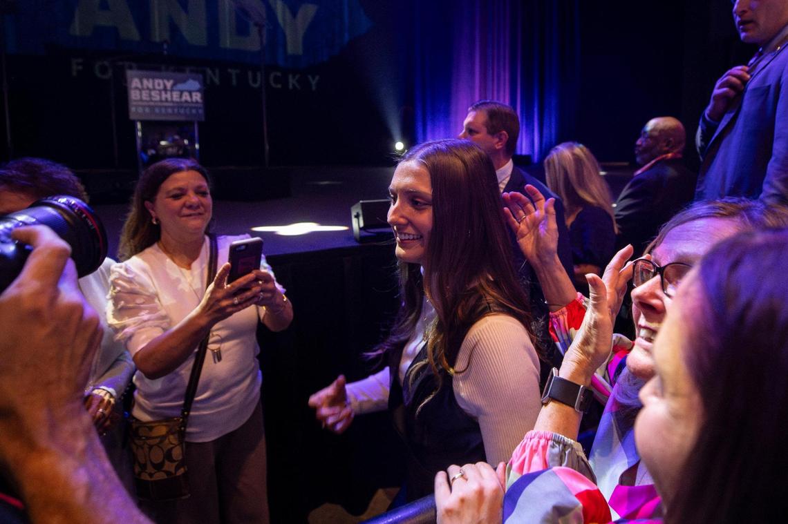 Hadley Duvall, who was featured in a Kentucky Gov. Andy Beshear campaign ad, attends an election night watch party for Beshear at Old Forester’s Paristown Hall in Louisville, Ky., on Tuesday, Nov. 7, 2023.