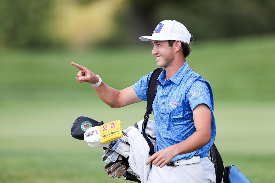 Madison Central’s Warren Thomis celebrates winning the Region 9 Championship boys high school golf tournament at Gibson Bay Golf Course in Richmond on Tuesday.