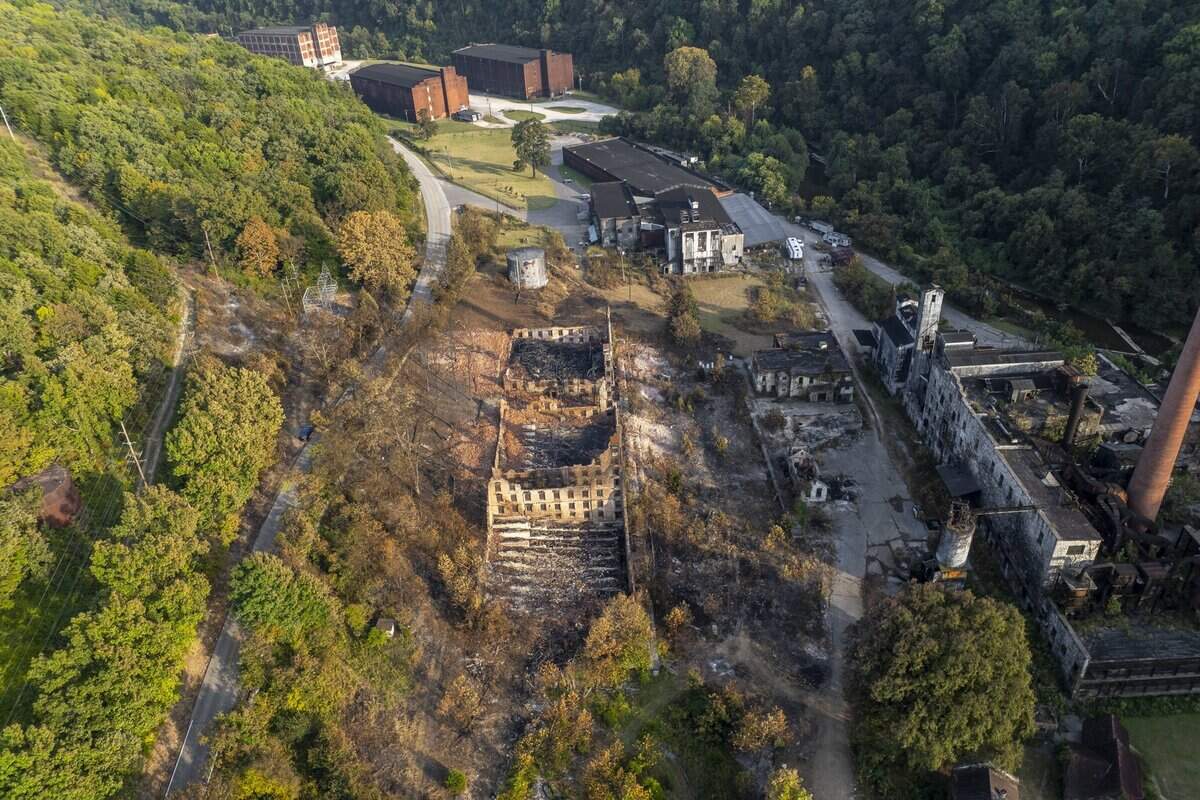 The historic Old Crow Distillery, now home to Glenn's Creek Distilling, along McCracken Pike in Woodford County, Ky., caught fire Wednesday, Sept. 30, 2026.