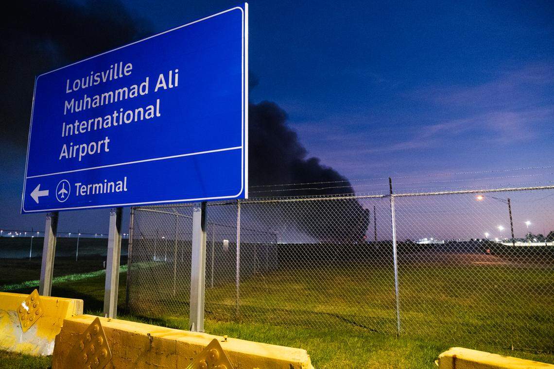 Smoke from the Nov. 4, 2025, UPS plane crash in Louisville, Ky., as seen near UPS.