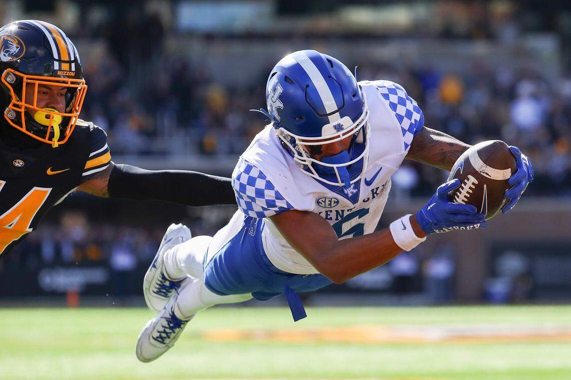 Dane Key dives for his second touchdown of the day in Kentucky’s game against Missouri on Saturday, Nov. 5, 2022, in Columbia, Mo.