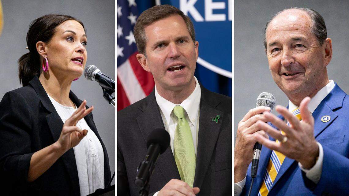 Lt. Gov. Jacqueline Coleman, Gov. Andy Beshear and senior adviser Rocky Adkins.