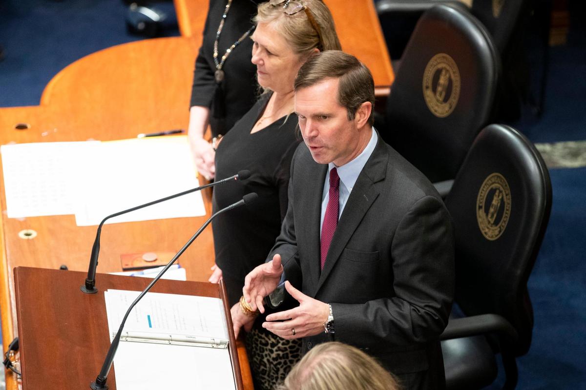 Gov. Andy Beshear speaks during the State of the Commonwealth address in the House of Representatives in Frankfort, Ky, Wednesday, January 3, 2023.