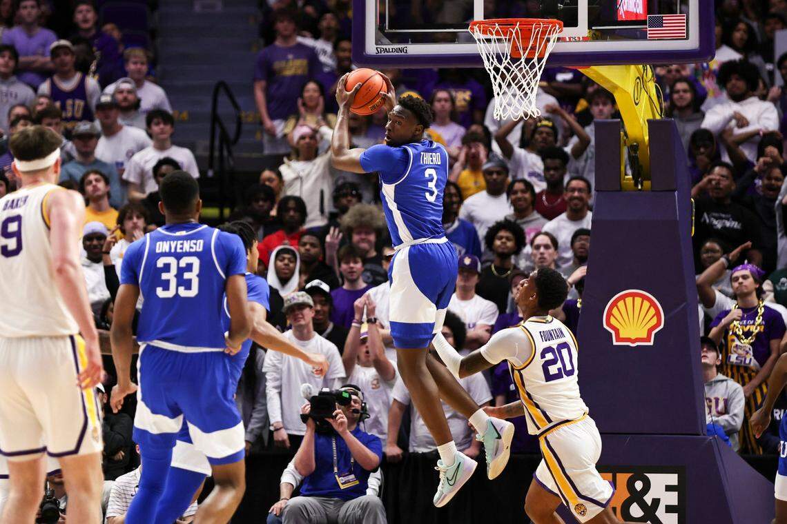Kentucky’s Adou Thiero (3) gets a rebound against LSU’s Derek Fountain (20) during Wednesday’s game. Thiero finished with eight points, nine rebounds, two assists, two steals and four blocks.