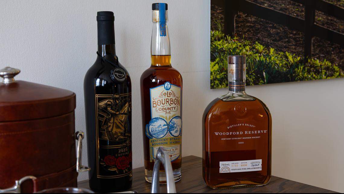Hartfield & Co.'s Old Bourbon County and Woodford Reserve Kentucky Straight Bourbon is provided at Hotel Thoroughbred, a 19-room boutique hotel undergoing restoration in downtown Paris, Ky, on Dec. 4, 2025.
