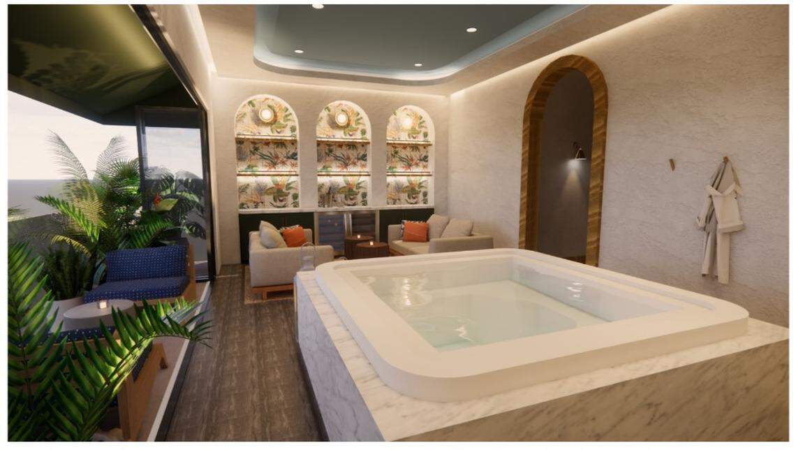 Membership in The Club at The Vine includes the spa, which will have a main area with a hot tub and champagne bar and private balcony overlooking the city from the 8th floor.