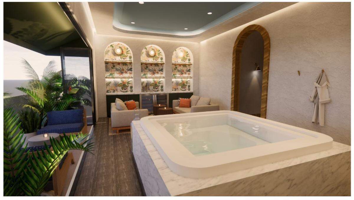Membership in The Club at The Vine includes the spa, which will have a main area with a hot tub and champagne bar and private balcony overlooking the city from the 8th floor.