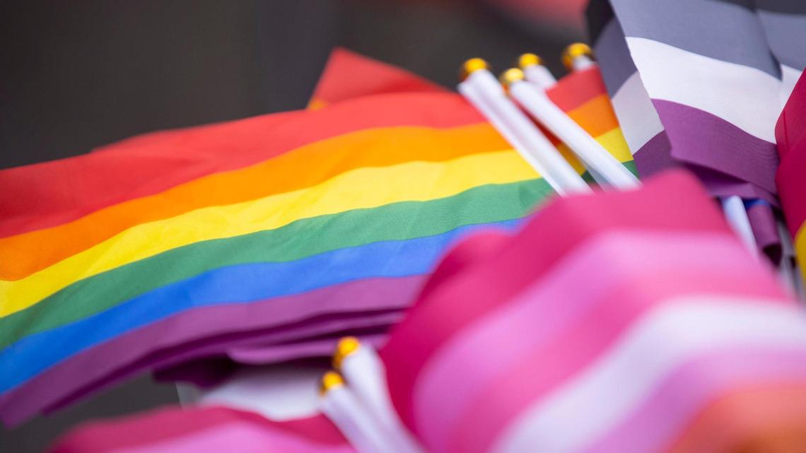Rainbow flags sit on a table at the Pikeville Pride booth during the Hillbilly Days Festival in Pikeville, Ky., on Thursday, April 20, 2023.
