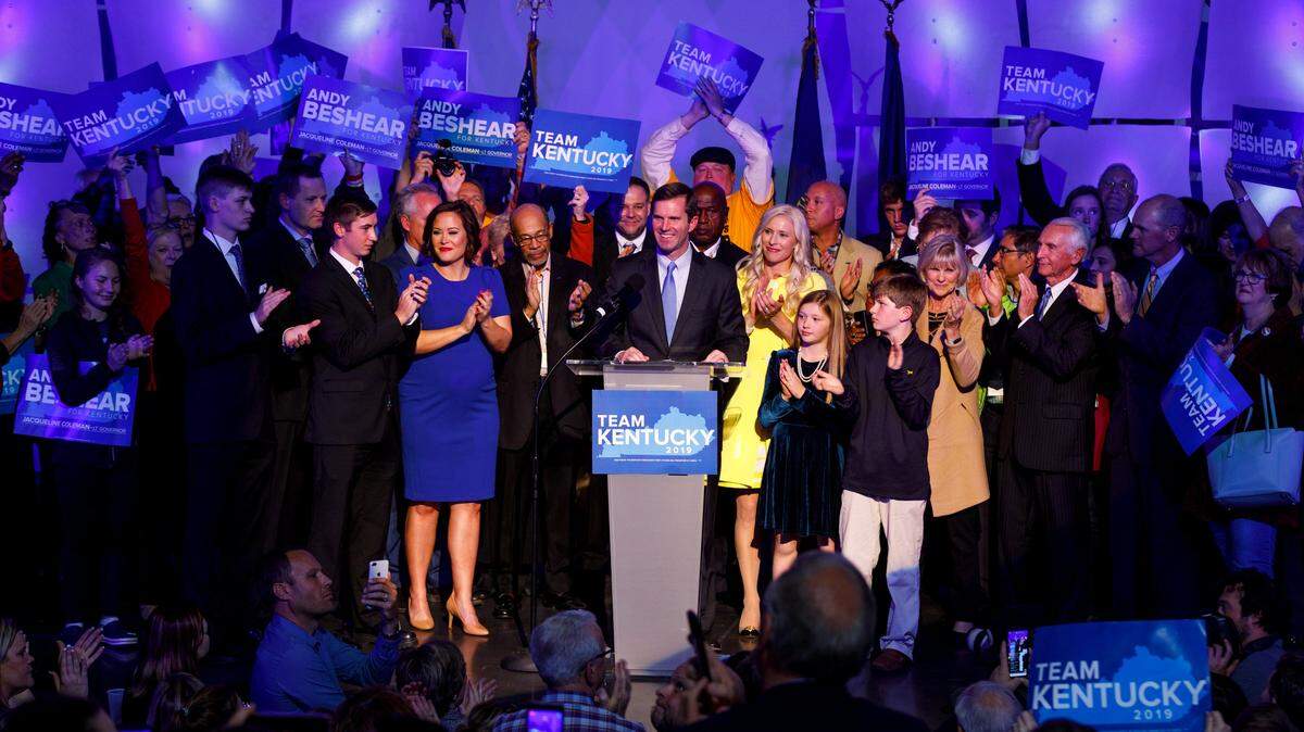 Andy Beshear speaks to supporters in Louisville after he is declared winner of the governor’s election on Tuesday, November 5, 2019.