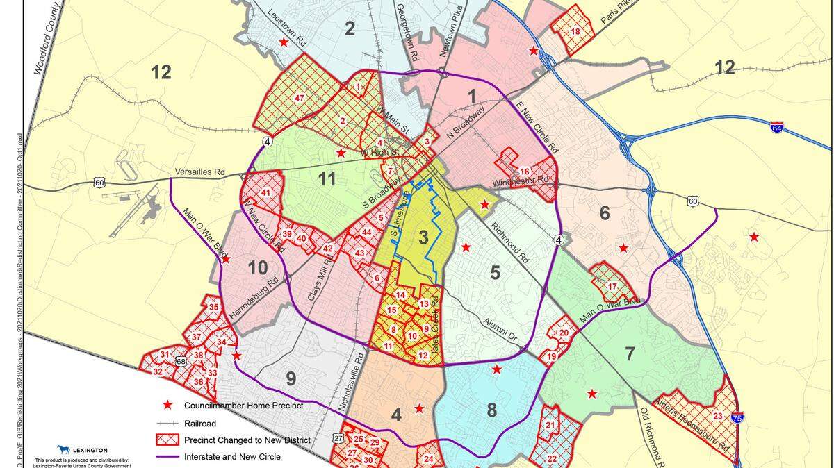 The committee redrawing Lexington’s 12 council district boundaries originally proposed making changes to 47 precincts, which means nearly 50,000 people would be moved to a new council district. Above is the original proposed redistricting map. The committee is looking for feedback from the community on three different maps before its meeting on Oct. 27. People can send comments to redistrictlexington@gmail.com