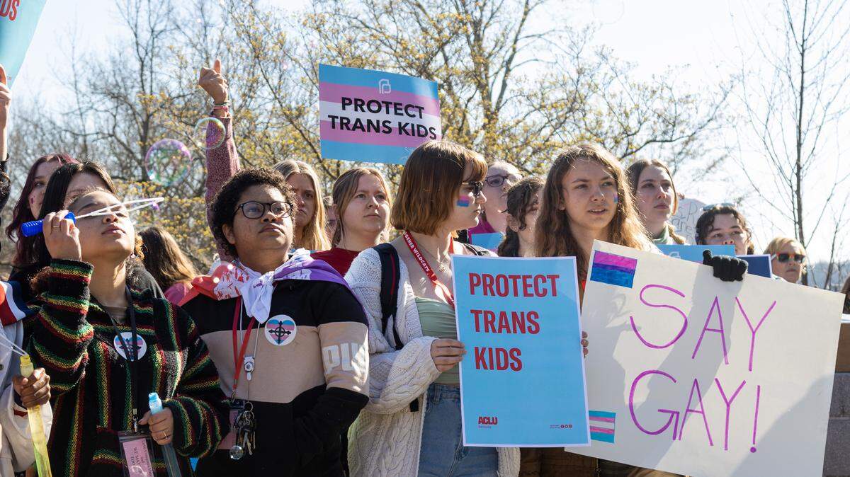 Teens from various areas of Kentucky gathered in front of the Kentucky Capitol Annex building Wednesday morning to protest against SB150 which would ban gender-affirming health care for transgender teens, March 29, 2023