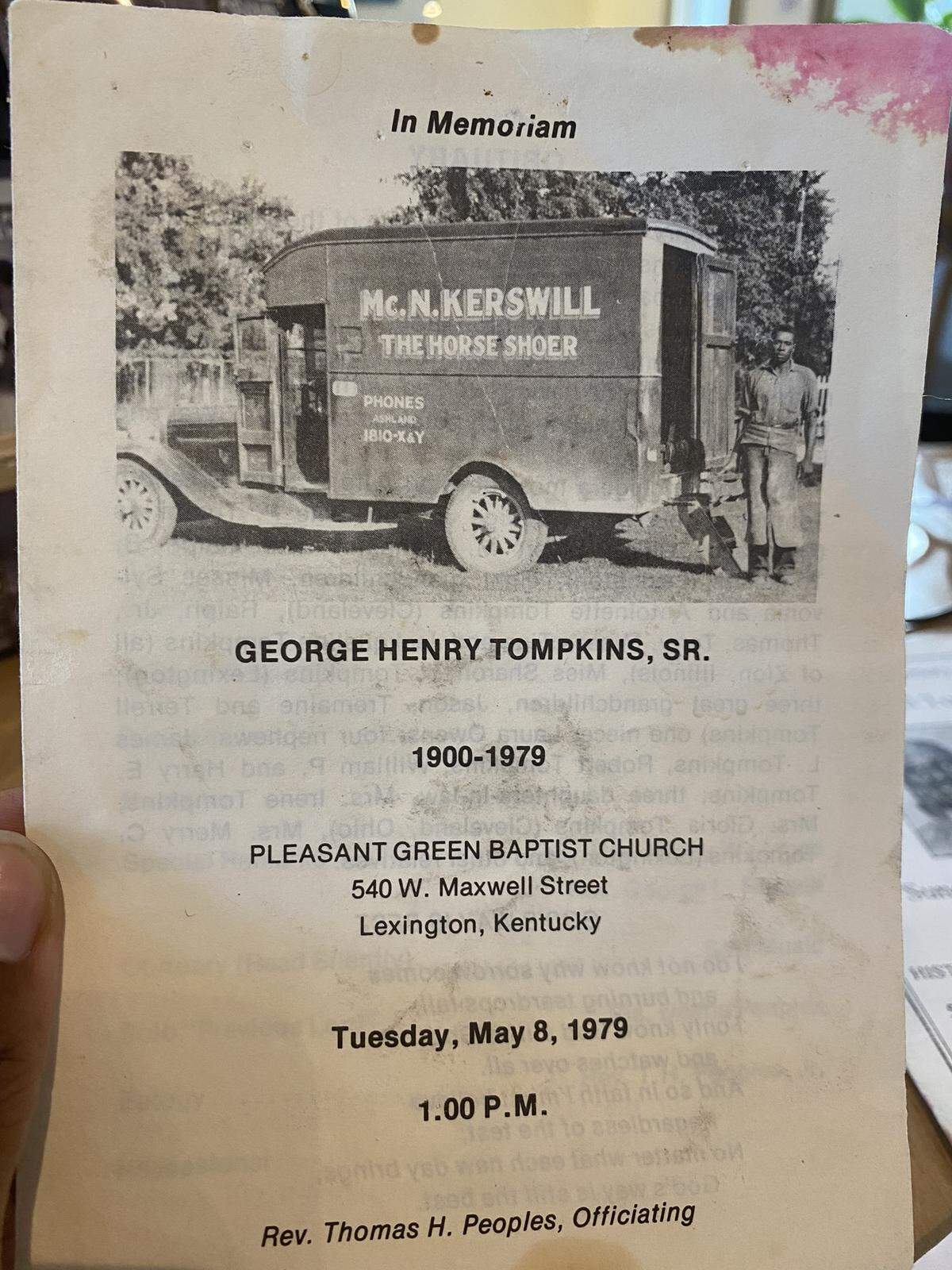 George Henry Tompkins was a Lexington blacksmith who ran a mobile farrier service and shoed racing greats including Man o’ War. He’s pictured with a truck bearing the name of another farrier, McNair Kerswill.