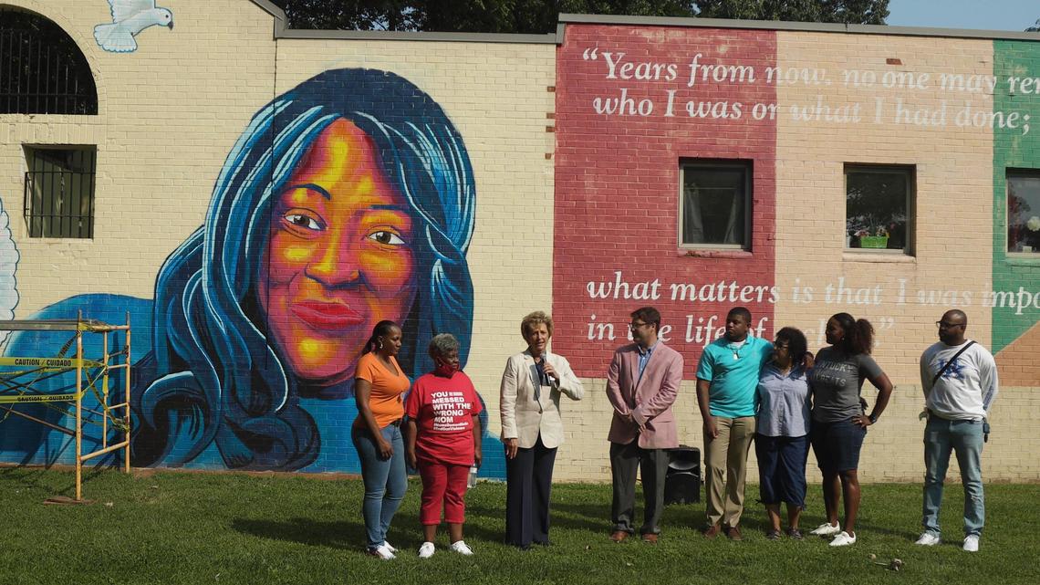Sheriff Kathy Witt speaks about dedicating a mural designed by Keaton Young honoring Anita Franklin, an activist against gun violence, in Duncan Park, July 22, 2021. Anita became an activist after losing her son to gun violence. Anita had passed away in early 2020.