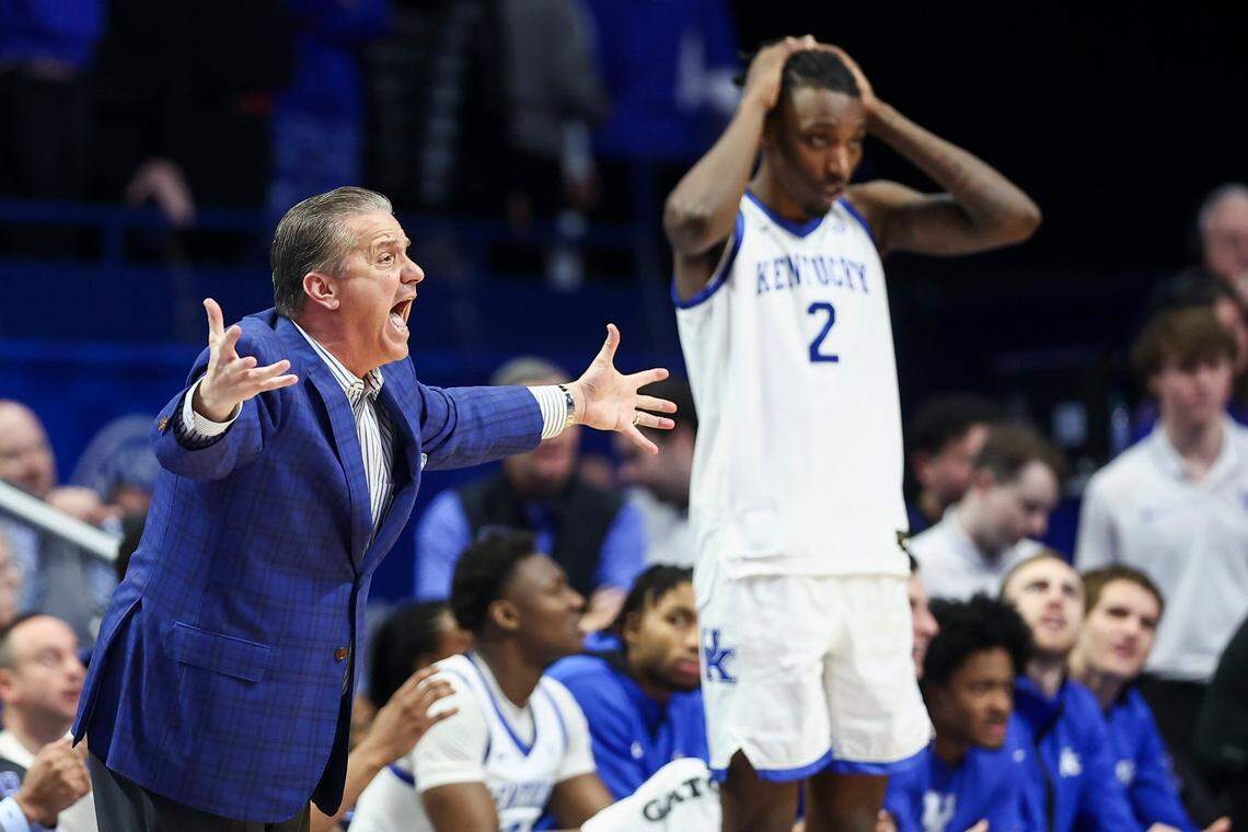 Kentucky head coach John Calipari calls to a referee after a foul was called on his team during Saturday’s game against Arkansas. Calipari moved into fourth place on the all-time SEC wins list with his 196th.