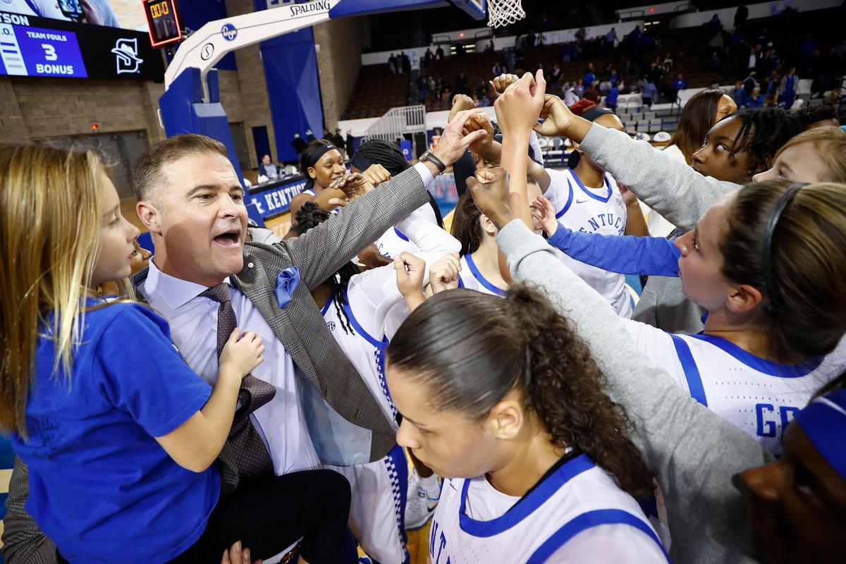 Kentucky head coach Matthew Mitchell and the Wildcats celebrated Wednesday night’s win over Stetson.