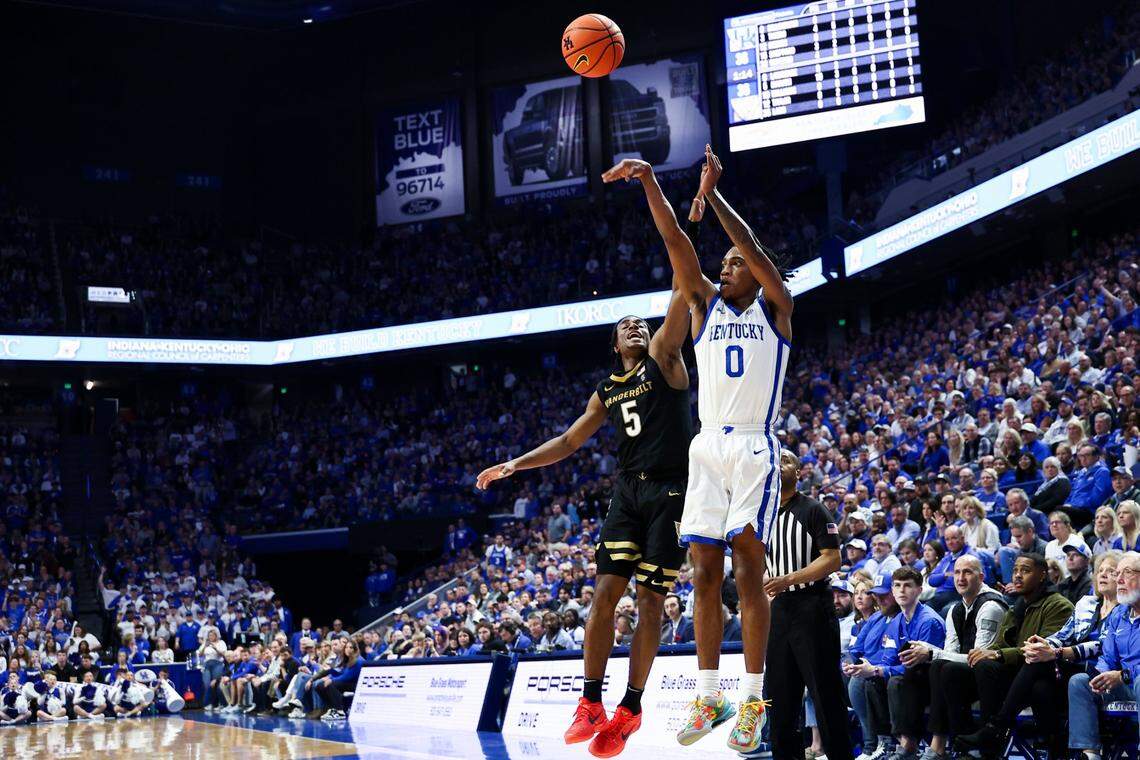 Rob Dillingham (0) has helped Kentucky lead the nation in 3-point accuracy this season. Coming off back-to-back NCAA Tournaments where long-range shooting failures cost the Wildcats dearly, an upgrade from distance might propel UK to greater postseason success this time.