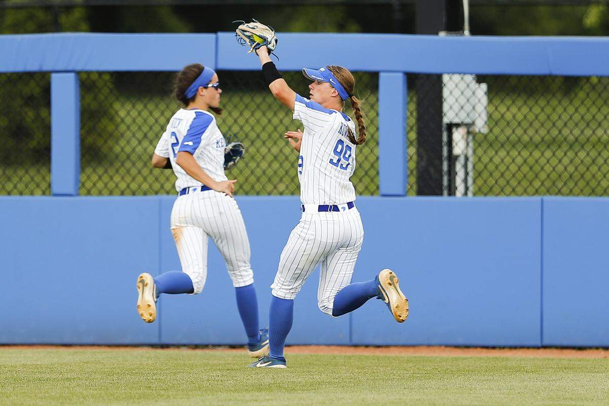 Kentucky’s Kayla Kowalik (99) caught a fly ball during last season’s NCAA Tournament in Lexington. Kowalik was named to the All-SEC Freshman Team in 2019.