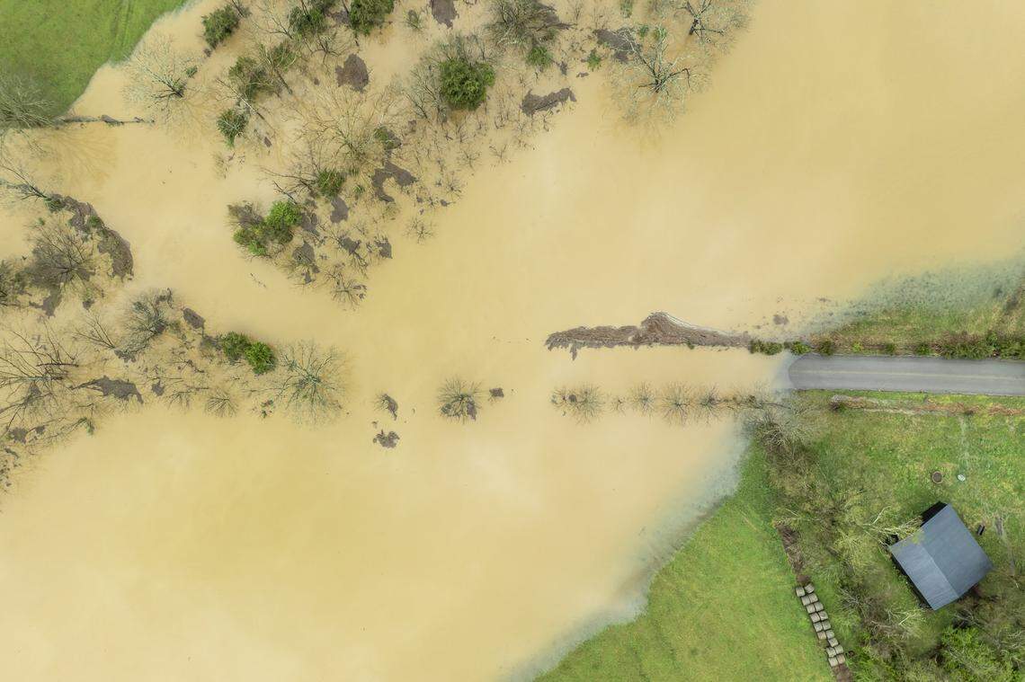 Walnut Flat Creek floods Preachersville Road in Lincoln County, Ky., on Friday, April 4, 2025.