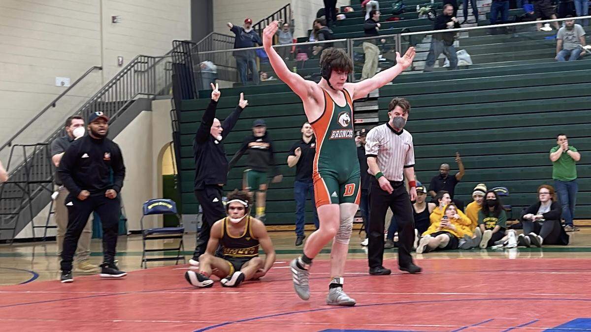 Frederick Douglass 175-pound wrestler John Bronson came back late in the final period to force overtime against Harrison County’s Jacobie White. He scored quickly in the sudden death OT to win his finals match in the Region 6 Wrestling Championships.