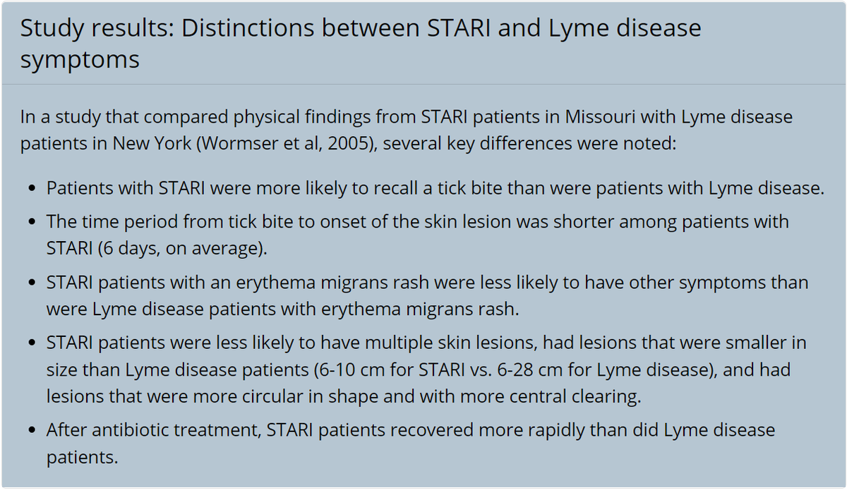 Differences between Lyme Disease and STARI, according to the Centers for Disease Control and Prevention.