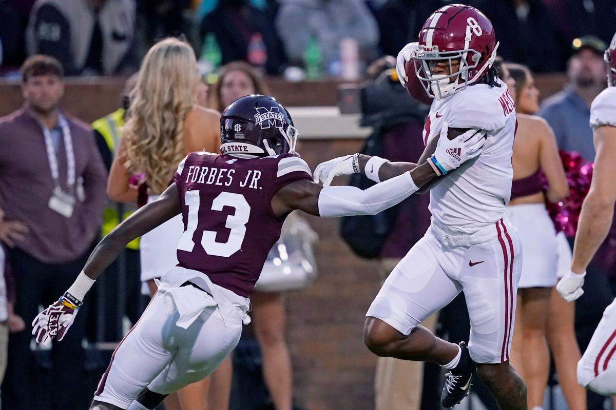 Mississippi State cornerback Emmanuel Forbes (13) has eight career interceptions.