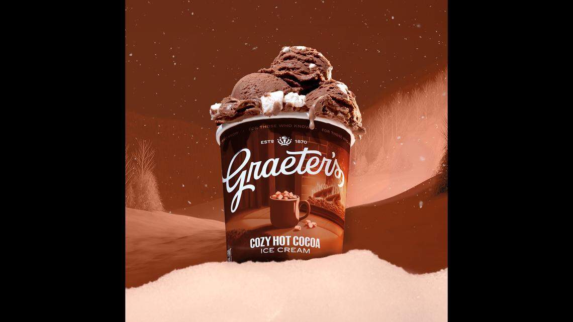 Graeter’s cozy hot cocoa seasonal flavor features rich chocolate swirled with gooey marshmallow to reflect the taste of a fireside hot cocoa cup.