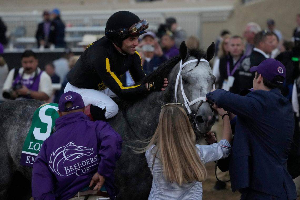Joel Rosario celebrates after riding Knicks Go to victory during the Breeders’ Cup Classic at Del Mar last November. Rosario will ride Kentucky Derby morning-line favorite Epicenter on Saturday.