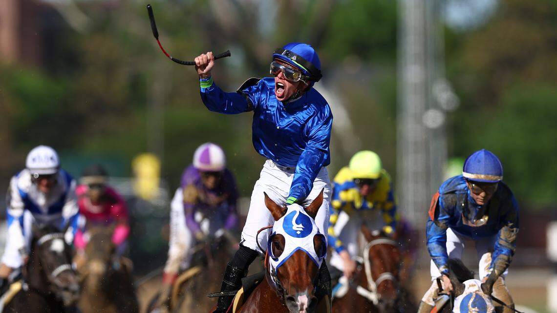 Pretty Mischievous, with Tyler Gaffalione up, (14) wins the 149th running of the Kentucky Oaks at Churchill Downs in Louisville, Ky., on Friday, May 5, 2023.