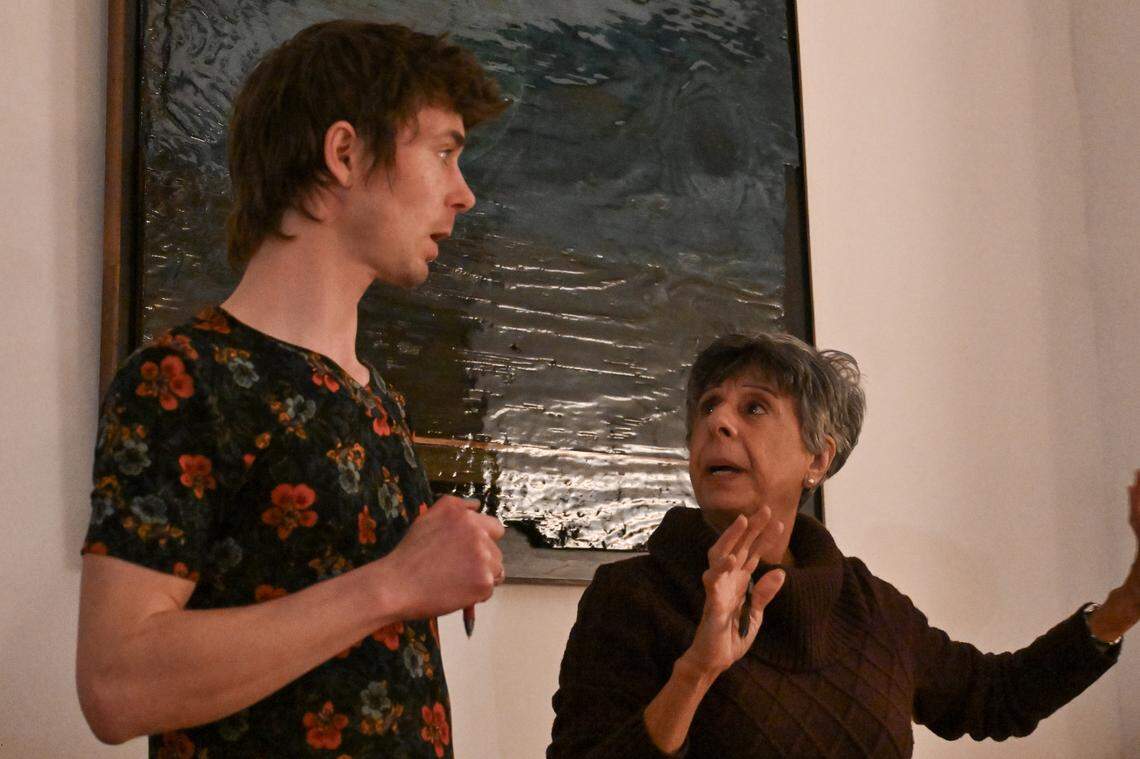 Technical director and lighting designer Tom Willis talks with director Ave Lawyer during rehearsal of “The Lion in Winter.” On the Verge Theatre presents “The Lion in Winter” at Luigart Studio, 110 Luigart Court in Lexington, Kentucky, Jan. 23-Feb. 1. This photo was taken at a rehearsal Jan. 17, 2025.