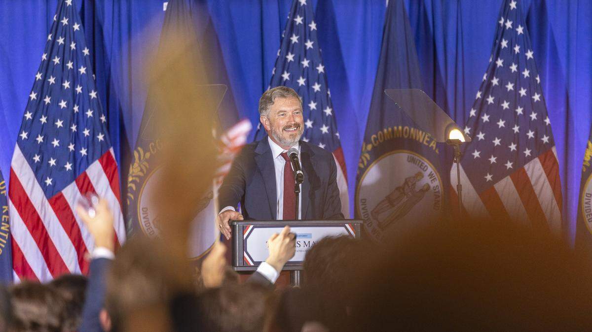 Rep. Thomas Massie (R-Ky.) delivers a concession speech at an election night watch party at the Marriott Cincinnati Airport in Hebron, Ky., on Tuesday, May 19, 2026.